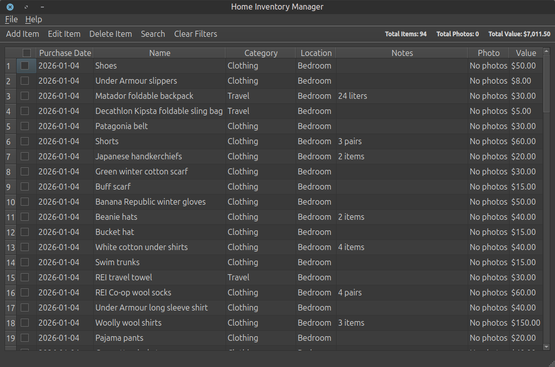 Home Inventory Manager Main Window